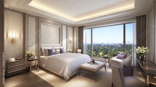 This elegant bedroom showcases a sleek white headboard, soft beige linens, and gentle lighting from lamps, creating a calming atmosphere complemented by plants and a plush white carpet