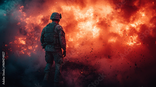 Soldier in camouflage facing a fiery explosion.