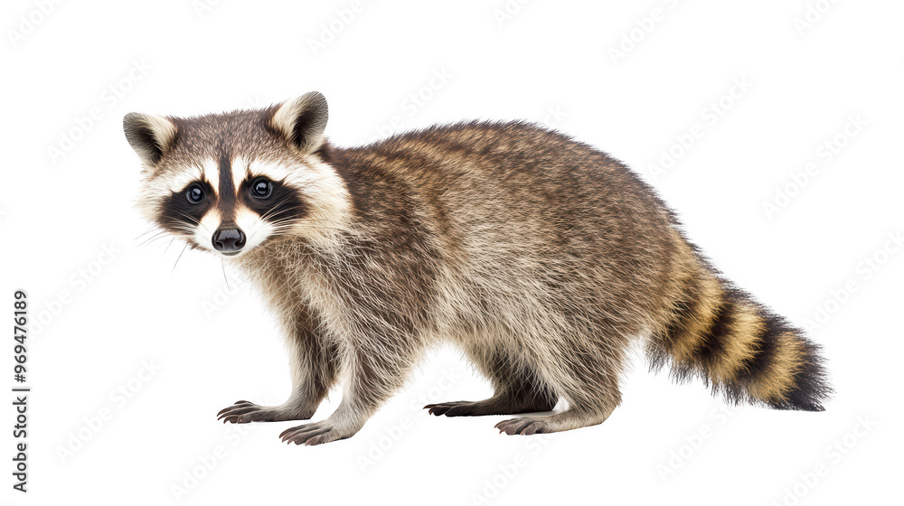 Fototapeta premium Raccoon standing on all fours, showcasing its distinctive facial markings and bushy tail. This curious creature embodies playful spirit and is often found in urban areas. 