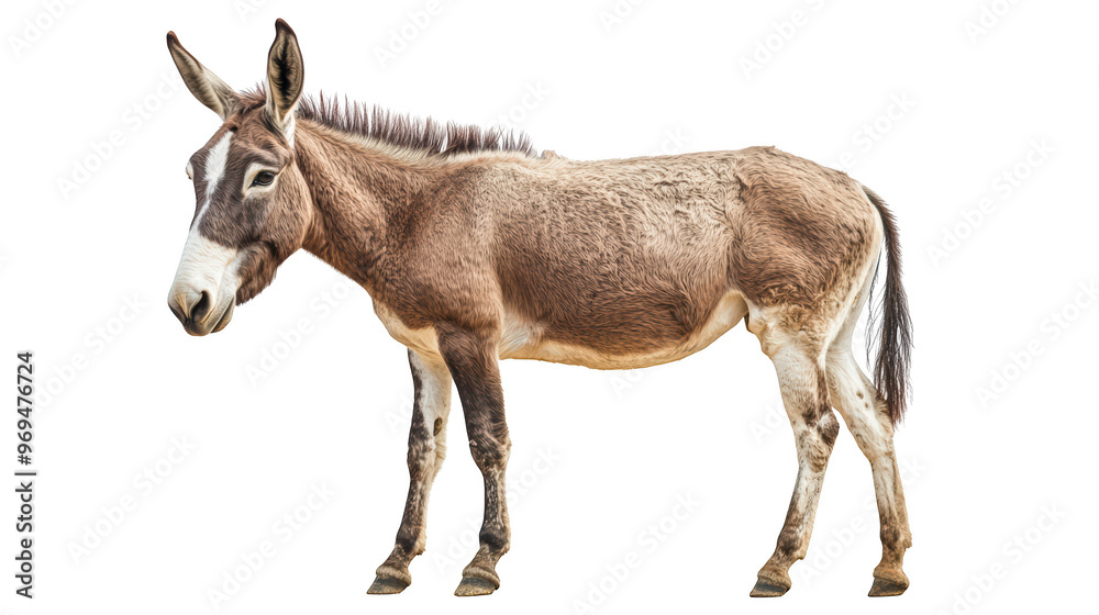 A brown donkey stands gracefully, showcasing its strong build and distinctive features. Its fur is textured and well groomed, reflecting serene and calm demeanor. A brown donkey stands gracefully, showcasing its strong build and distinctive features. Its fur is textured and well groomed, reflecting serene and calm demeanor.