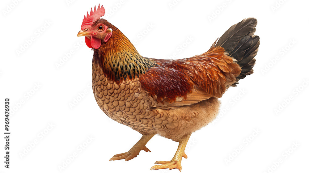 Fototapeta premium A vibrant chicken stands proudly, showcasing its colorful feathers and distinct features. This lively bird embodies essence of farm life and natures beauty. 