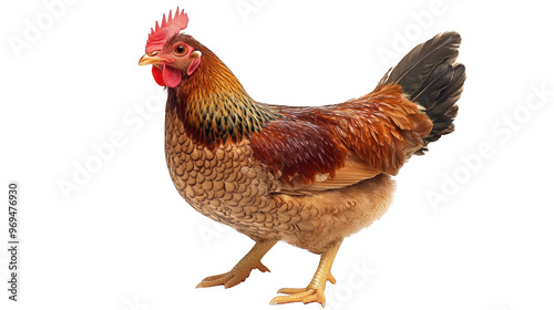 A vibrant chicken stands proudly, showcasing its colorful feathers and distinct features. This lively bird embodies essence of farm life and natures beauty. 