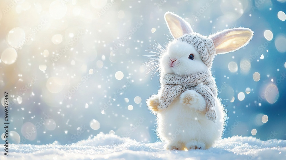 cute fluffy bunny in knitted hat, scarf and mittens on snow, christmas card cute fluffy bunny in knitted hat, scarf and mittens on snow, christmas card