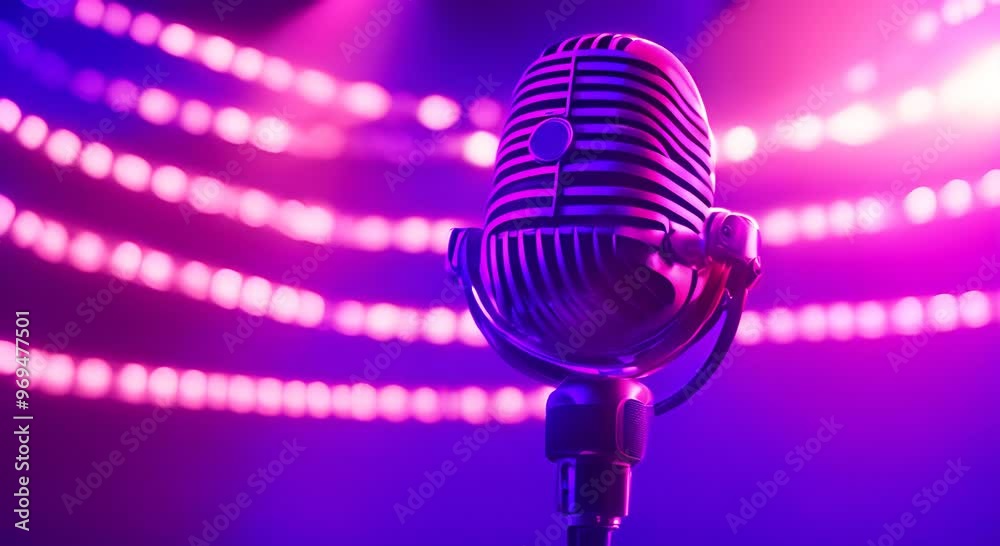 Concert microphone on stage with neon lights Close up of microphone on stage against a dark background with neon lighting and smoke The silhouette of the microphone in the dark Music instrument ani 4k