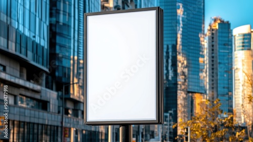 Blank advertising sign in a modern urban setting with skyscrapers, perfect for showcasing promotional content.