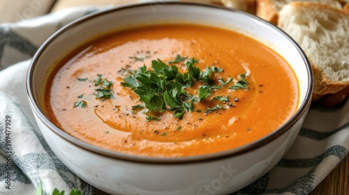 A bowl of creamy orange carrot soup garnished with fresh herbs and served with a side of crusty bread.