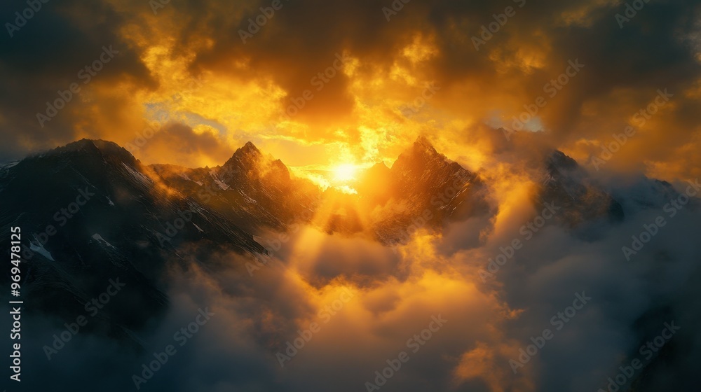Fototapeta premium A breathtaking sunrise over a mountain range, with golden rays of light piercing through the clouds and illuminating the peaks.