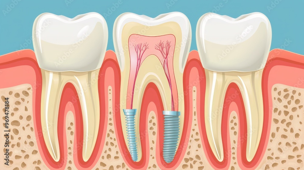 Illustration of dental implant fusion with natural teeth structure and integration process. Concept Dental Implants, Natural Teeth Structure, Fusion Process, Integration Illustration of dental implant fusion with natural teeth structure and integration process. Concept Dental Implants, Natural Teeth Structure, Fusion Process, Integration