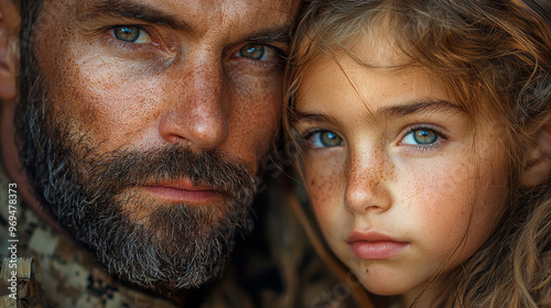 A close-up of a father and his daughter, both with blue eyes and freckled faces.