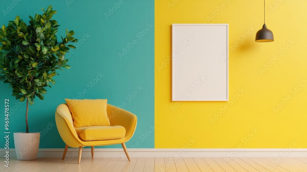 Bright and modern living space featuring a cheerful yellow wall, turquoise accent, cozy chair, and decorative plant.