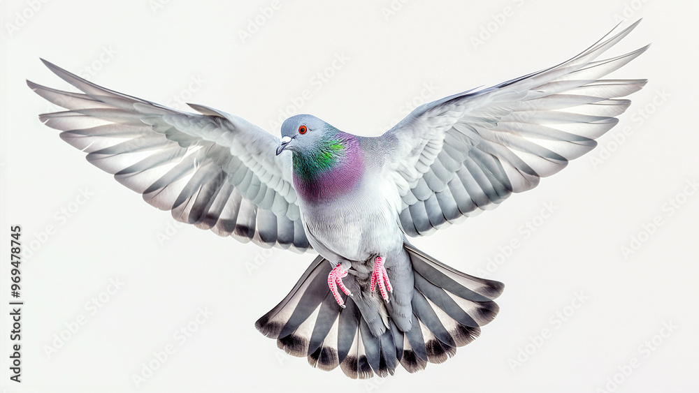 Fototapeta premium Pigeon in mid-flight with wings spread, symbolizing freedom and peace on a white background.