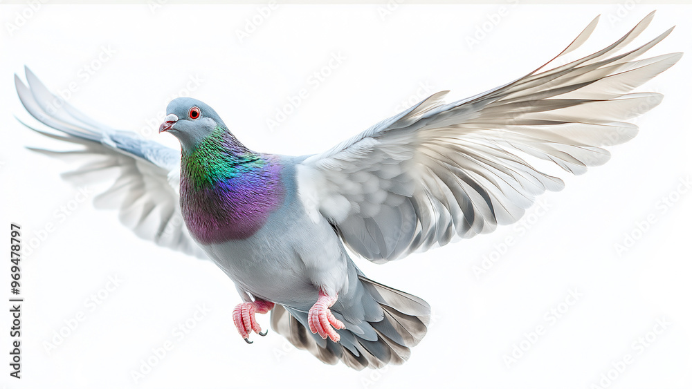 Obraz premium A colorful pigeon in flight with wings outstretched, isolated on a white background, perfect for nature and wildlife themes.