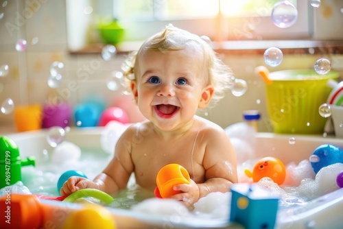 Little happy toddler bathes in a bathtub