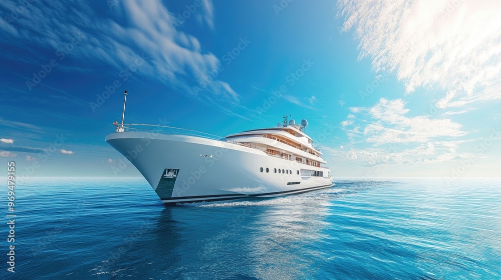 Luxury yacht cruising on tranquil waters, under a pristine blue sky, capturing the essence of peaceful and sophisticated ocean travel. Luxury yacht cruising on tranquil waters, under a pristine blue sky, capturing the essence of peaceful and sophisticated ocean travel.