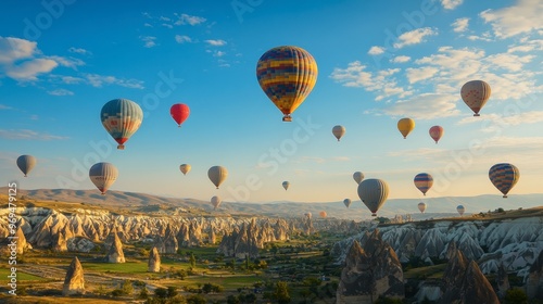 A bright blue sky dotted with hot air balloons in various colors, floating gracefully above the landscape.