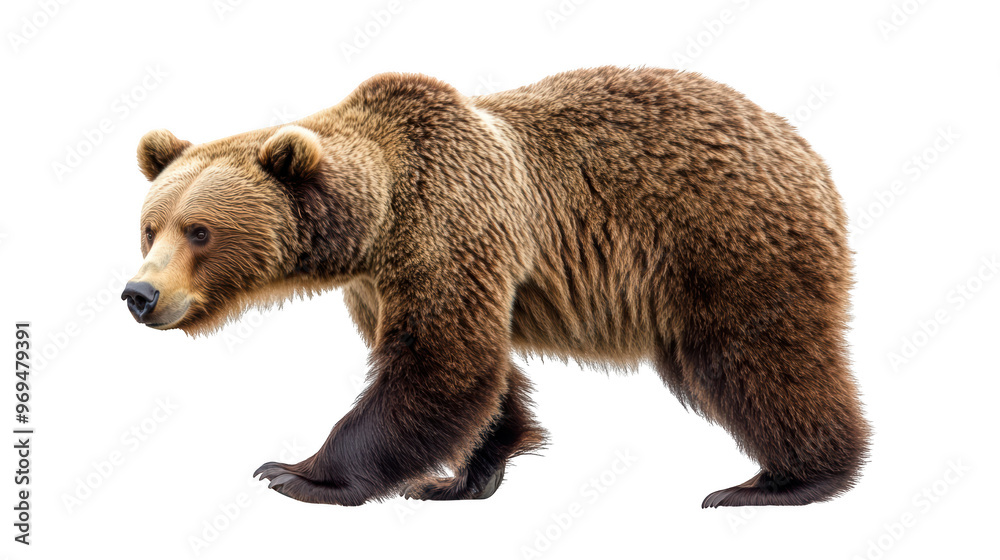 Fototapeta premium A majestic brown bear walks gracefully, showcasing its thick fur and powerful build. This magnificent creature embodies wild spirit of nature, evoking sense of awe and respect.