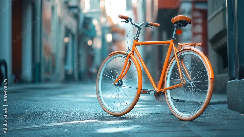 A bright orange bicycle parked on a sunny street, with its vivid color standing out against the urban backdrop. A bright orange bicycle parked on a sunny street, with its vivid color standing out against the urban backdrop.