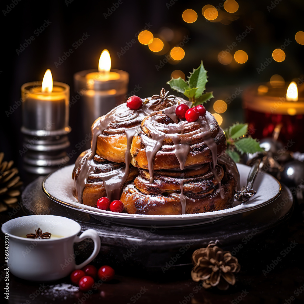 Chocolate cinnamon bun. Christmas cake with cherry Chocolate cinnamon bun. Christmas cake with cherry