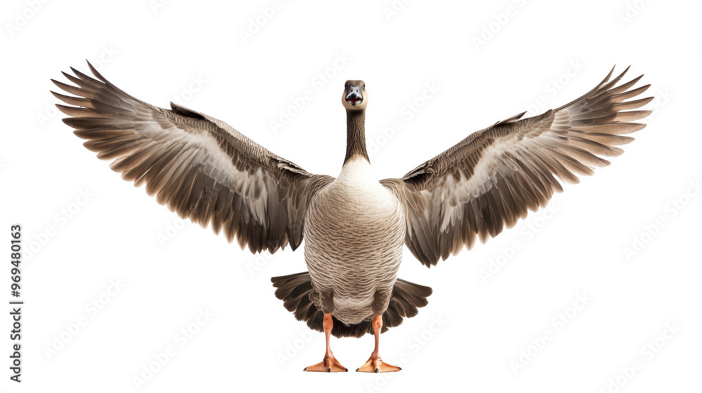 A majestic goose stands proudly with its wings spread wide, showcasing its beautiful feathers and strong posture. This striking bird exudes sense of confidence and grace. A majestic goose stands proudly with its wings spread wide, showcasing its beautiful feathers and strong posture. This striking bird exudes sense of confidence and grace.