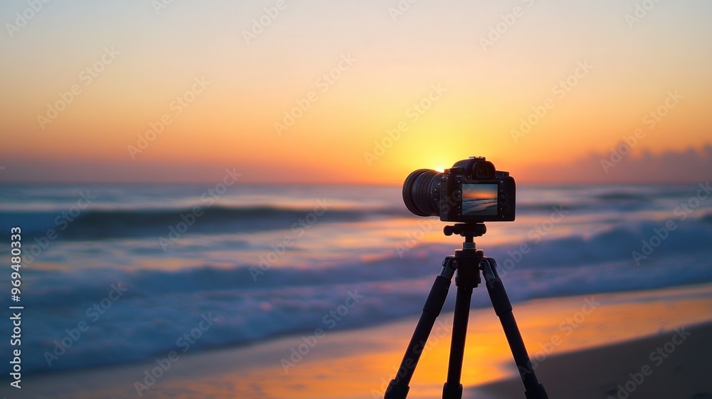 A camera set up on a tripod by the beach, capturing the sunset over the horizon. A camera set up on a tripod by the beach, capturing the sunset over the horizon.