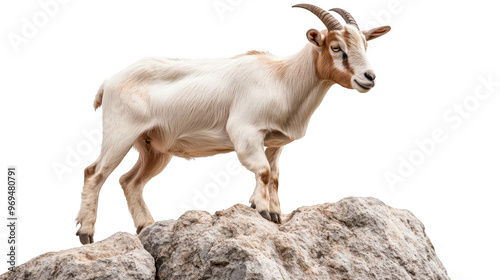 A young goat stands confidently on rocky surface, showcasing its playful nature and agility. animals fur is predominantly white with light brown accents, highlighting its unique features. 