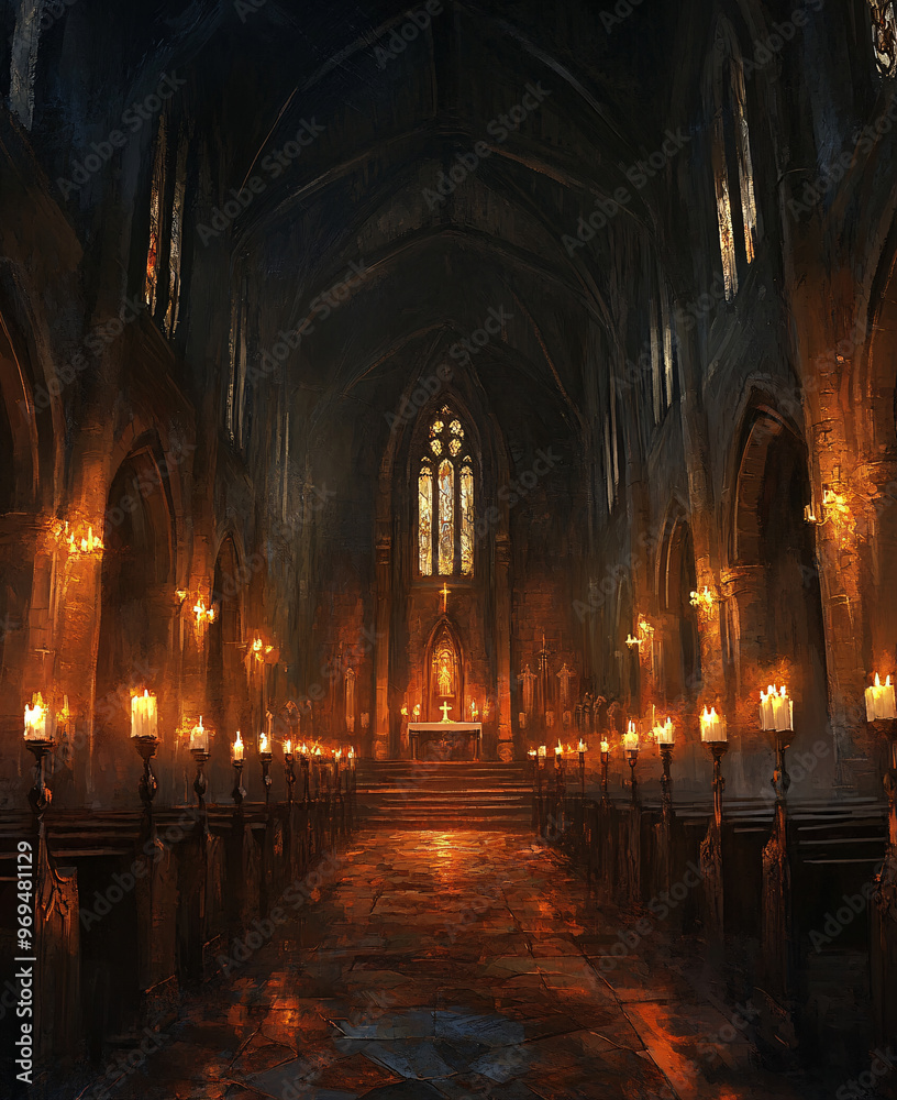 Eerie gothic church interior illuminated by flickering candlelight.