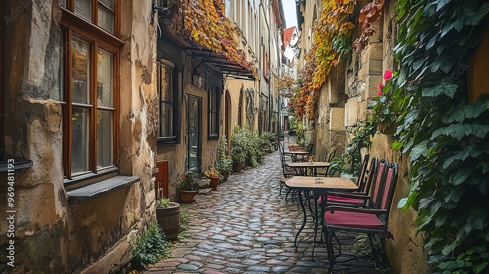 Fototapeta premium A narrow cobblestone alley leading to a picturesque, hidden cafe in an old town