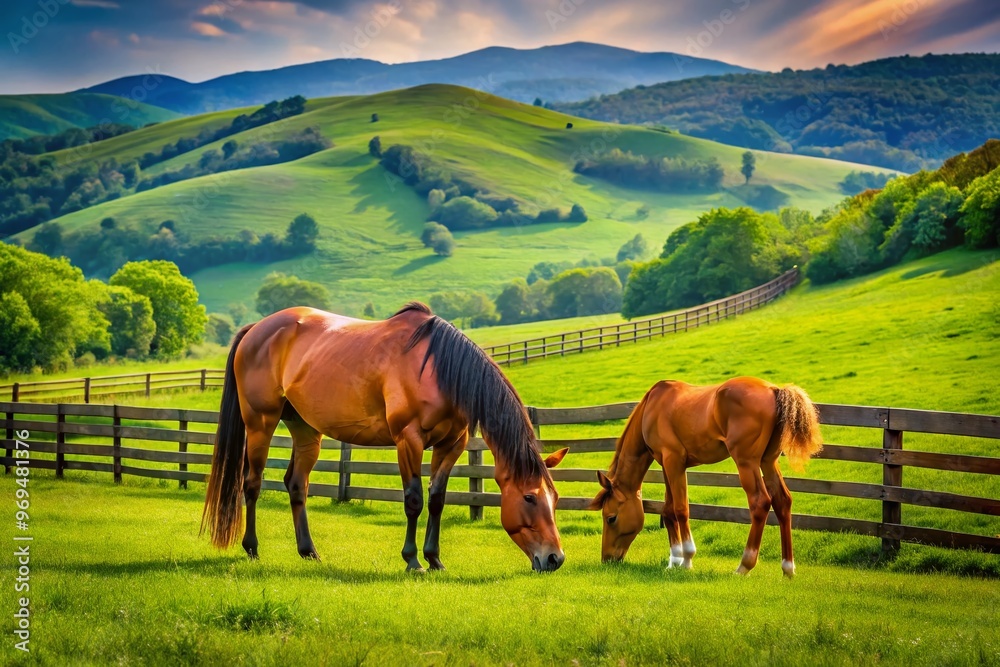 Majestic stallion and mare graze together in lush green pasture surrounded by rolling hills and wooden fencing, Majestic stallion and mare graze together in lush green pasture surrounded by rolling hills and wooden fencing,