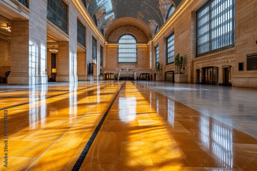 New York iconic landmark Grand Central Terminal’s marble halls filled with sunlight streaming through the windows New York iconic landmark Grand Central Terminal’s marble halls filled with sunlight streaming through the windows