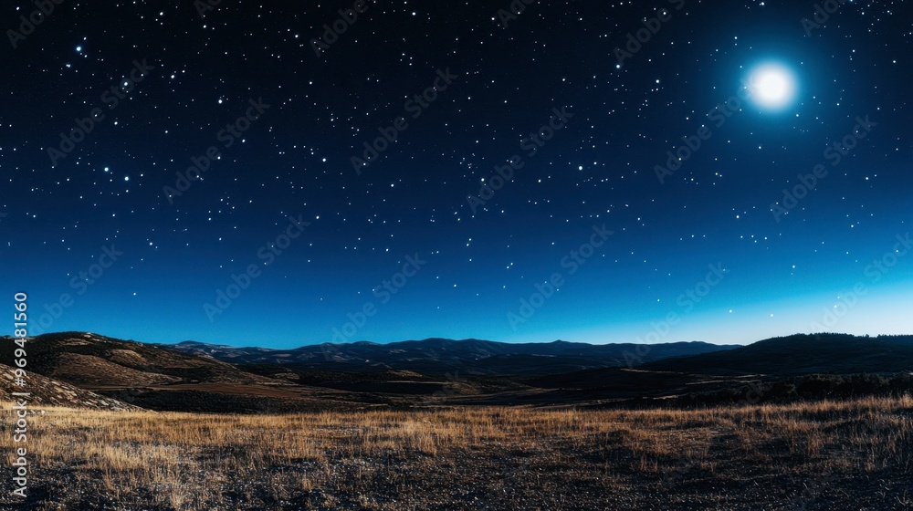 Fototapeta premium A clear night sky with a bright full moon and scattered stars, casting a gentle glow over the landscape.