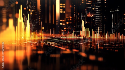 A vibrant urban landscape featuring futuristic city lights and dynamic soundwave graphs, perfect for tech and music themes.