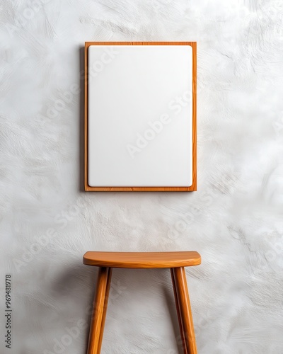 Minimalist interior featuring a blank frame and wooden stool against a textured wall, perfect for art or decoration ideas.