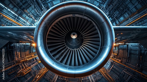 Detailed view of a jet engine turbine, showcasing intricate design and modern engineering in aviation technology.