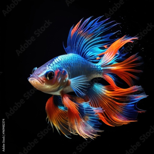 A vibrant, colorful goldfish swimming gracefully against a dark background.