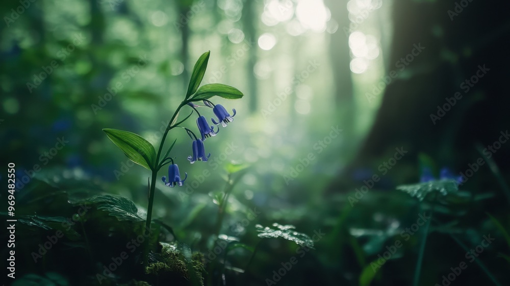 Fototapeta premium A close-up of a bluebell flower in a forest, with soft light filtering through the trees.