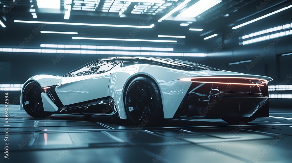 Futuristic white car showcased in a modern, illuminated environment, highlighting sleek design and advanced technology. Futuristic white car showcased in a modern, illuminated environment, highlighting sleek design and advanced technology.