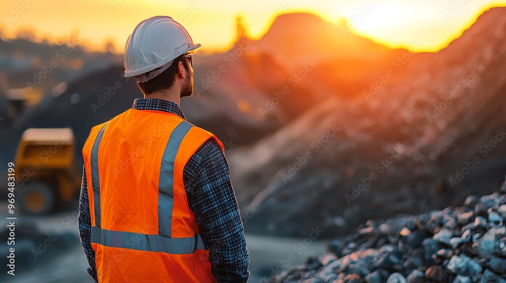 A construction worker in a safety vest observes the sunset at a ...