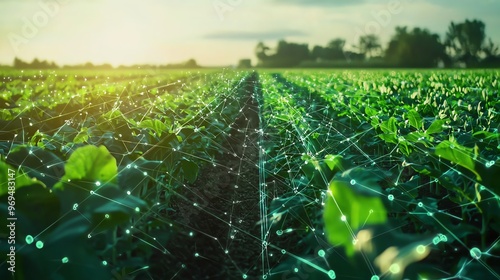 Vibrant green field with plants, showcasing agricultural technology and innovation under warm sunlight. photo