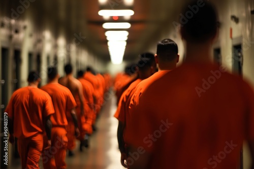 Group of prisoners in bright orange uniforms walking down a dimly lit prison hallway, the harsh lighting creating a tense atmosphere