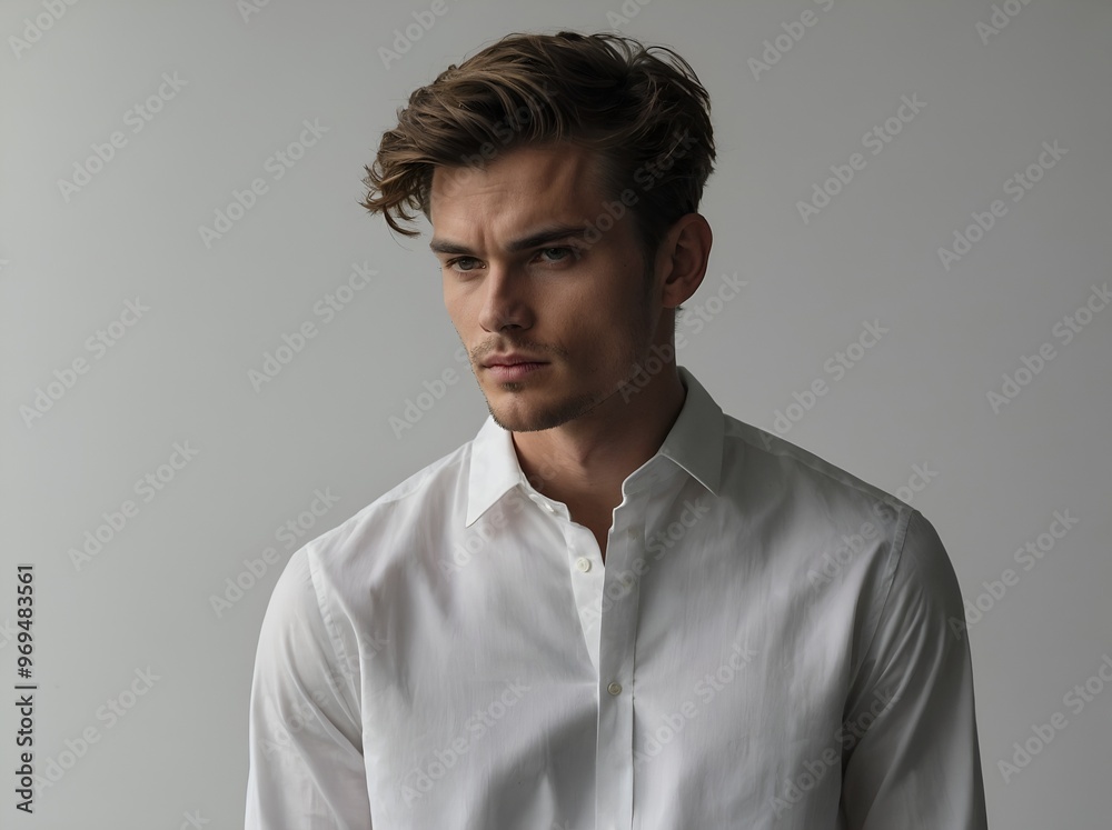 Obraz premium A young man with tousled hair gazes thoughtfully, wearing a crisp white shirt, exuding a sophisticated yet casual vibe in a minimalist setting.