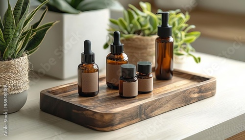 Set of eco-friendly brightening skincare products arranged on a wooden tray with plants, sustainable beauty, natural skincare collection photo