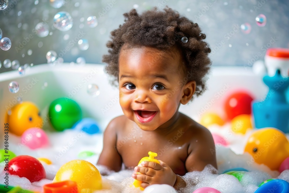 happy black child sitting in bath with foam. Bathing without tears. cute emotional baby is engaged in hygiene procedures, smiling. disinfection, prevention against diseases and viruses happy black child sitting in bath with foam. Bathing without tears. cute emotional baby is engaged in hygiene procedures, smiling. disinfection, prevention against diseases and viruses
