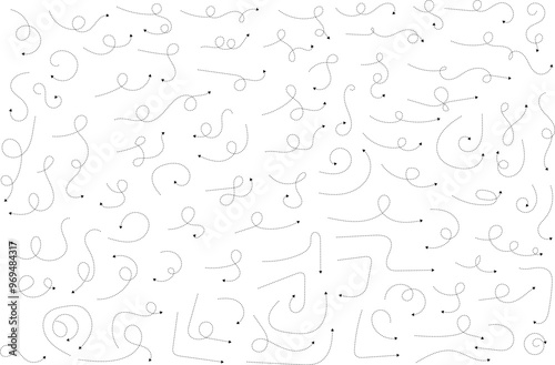 Hand drawn dotted arrows. Hand drawn freehand different curved lines, swirls arrows. Curved arrow line. Doodle, sketch style. Isolated Vector illustration.