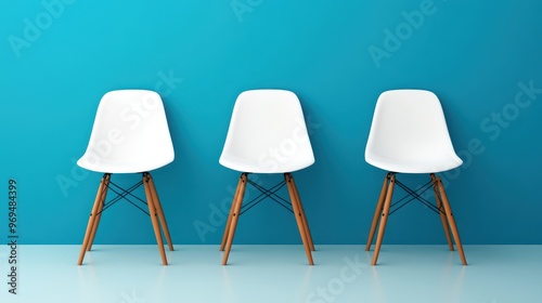 Modern white chairs against a bright blue wall, offering a clean and minimalist aesthetic suitable for various interior design themes.