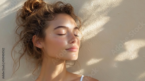 Side profile of a woman applying a brightening cream, sun rays gently hitting her face, skincare in action, natural beauty and light