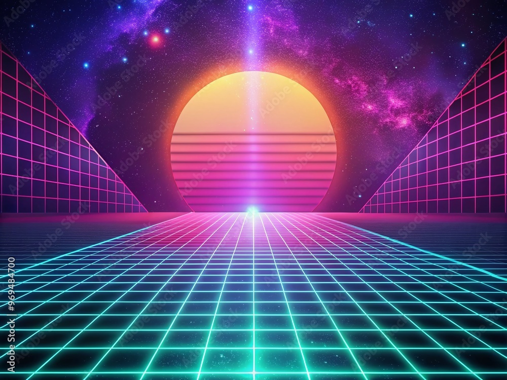 Neon-lit, grid-patterned background with retro-futuristic vibes, featuring pastel hues, geometric shapes, and Neon-lit, grid-patterned background with retro-futuristic vibes, featuring pastel hues, geometric shapes, and