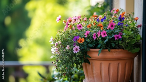 Wallpaper Mural A close-up of a terracotta planter on a balcony, overflowing with blooming flowers and lush greenery. Torontodigital.ca