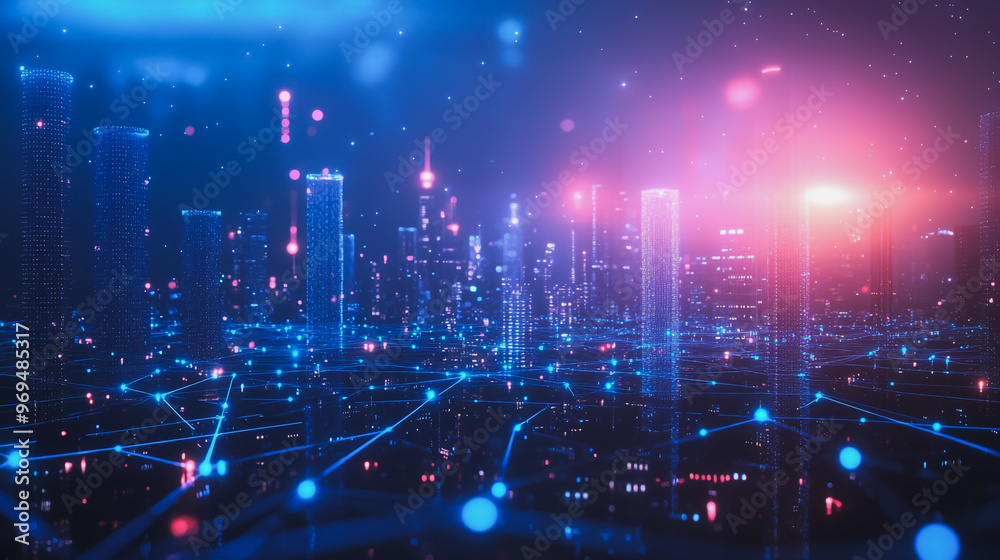 Obraz premium Smart digital city with connection cyber security network reciprocity over the cityscape . future smart wireless digital city and social media networking systems that connects people within the city