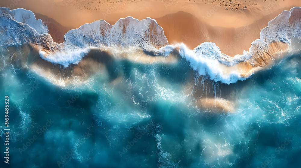 Aerial view of ocean waves meeting sandy beach, showcasing natural beauty. Aerial view of ocean waves meeting sandy beach, showcasing natural beauty.