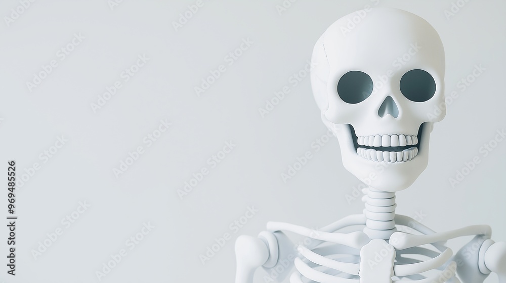 White smiling skeleton on an empty background, perfect for medical, halloween, or horror projects. Clean and minimal 3d illustration symbolizing death and anatomy White smiling skeleton on an empty background, perfect for medical, halloween, or horror projects. Clean and minimal 3d illustration symbolizing death and anatomy